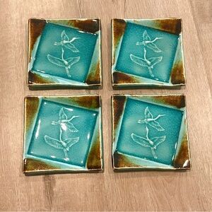 Set Of 4 Vintage Japanese Crackled Glossy Ceramic Green Crane Small Dishes 4.75”
